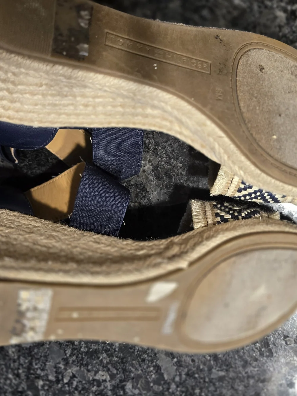 Tommy Hilfiger Navy Blue Espadrille Wedge Sandals with Patterned Toe